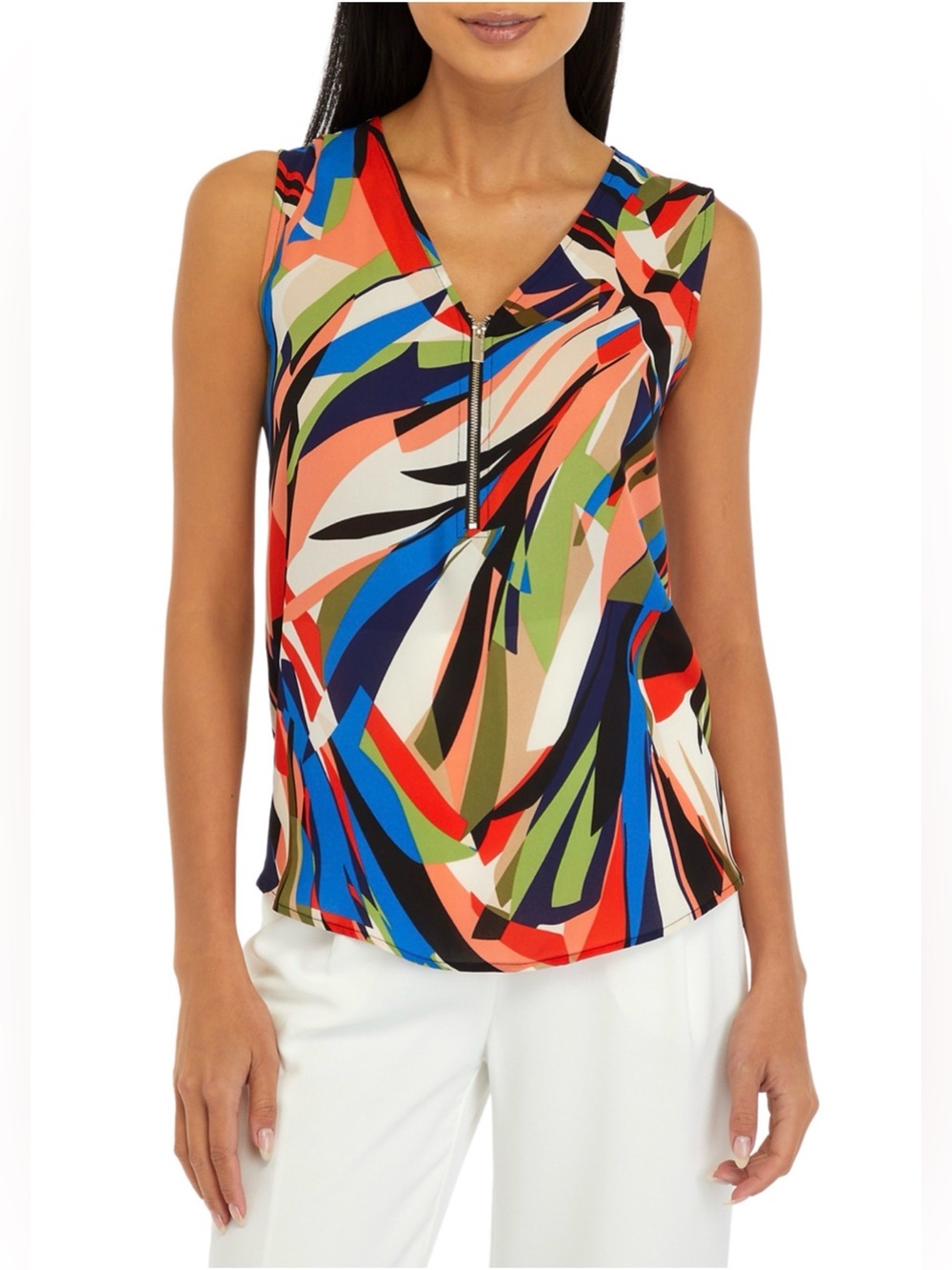 AK ANNE KLEIN Petite Sleeveless V-Neck Half-Zip Blouse.